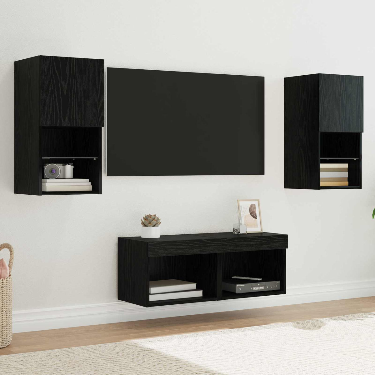 TV Wandkasten Wandgemonteerd 4 pcs Zwart Eiken Bewerkt hout is nu te koop bij PeponiXL, paradijselijk wonen!