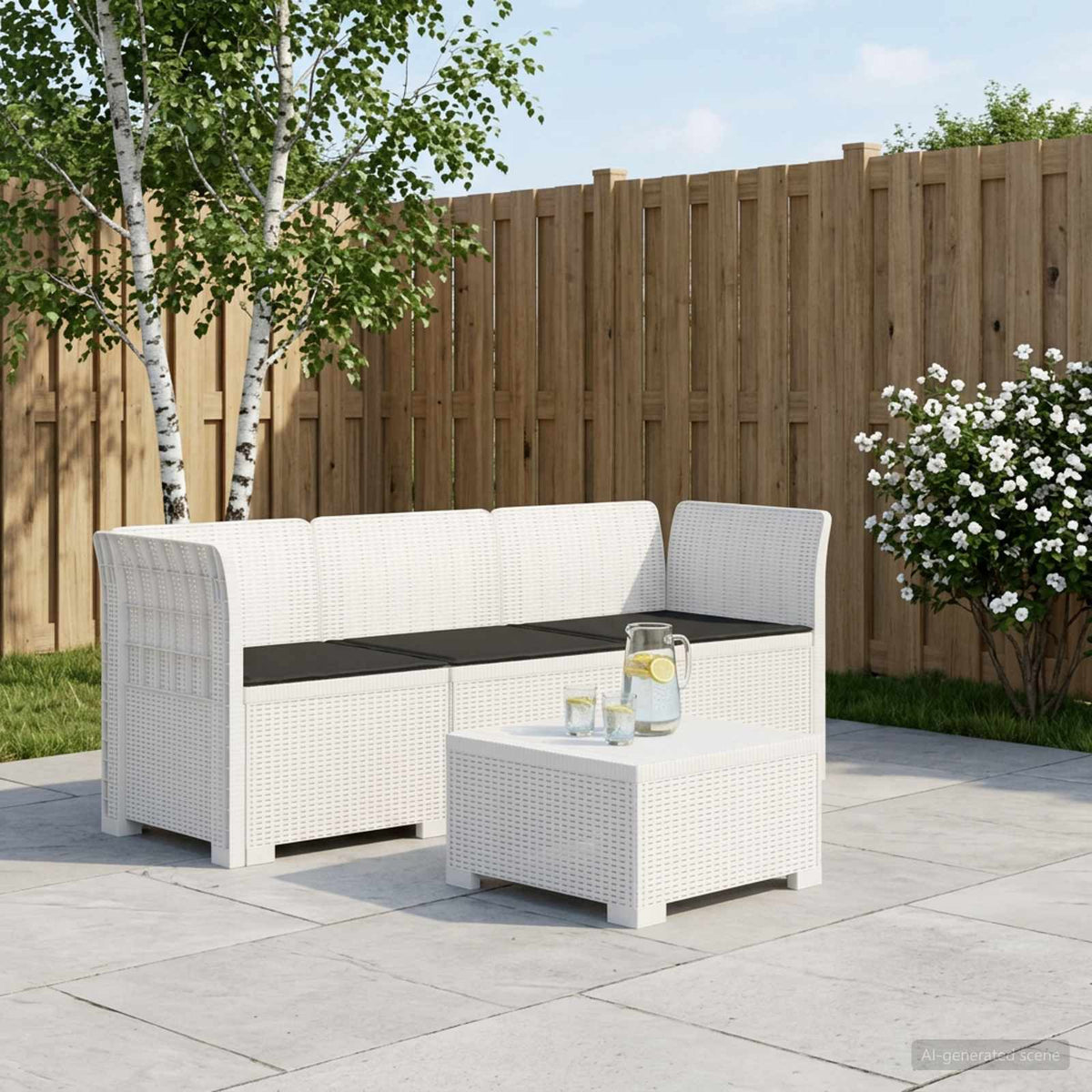 3-zits tuinbank met kussens in rattanlook PP Wit is nu te koop bij PeponiXL, paradijselijk wonen!