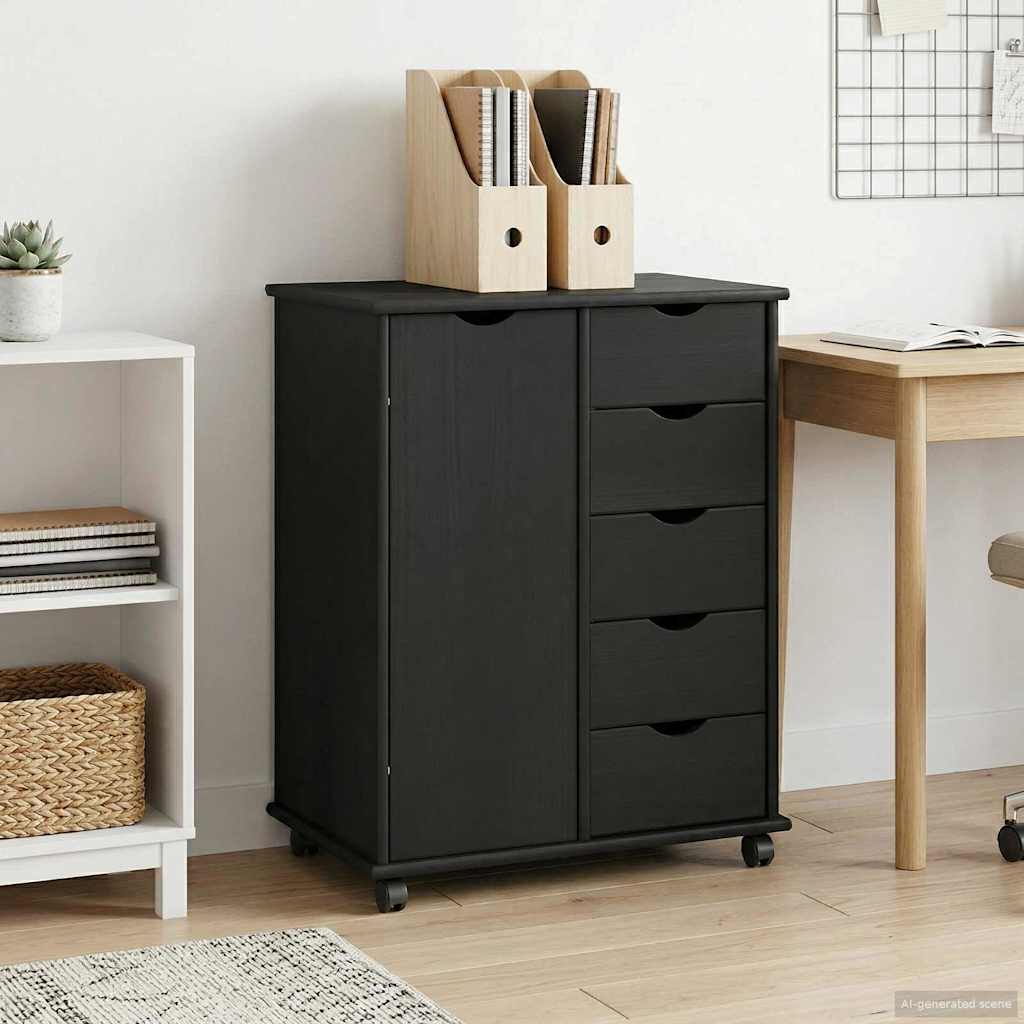 Rolling Kast met wiel Zwart 63,5 x 39 x 79 cm Massief Vurenhout is nu te koop bij PeponiXL, paradijselijk wonen!