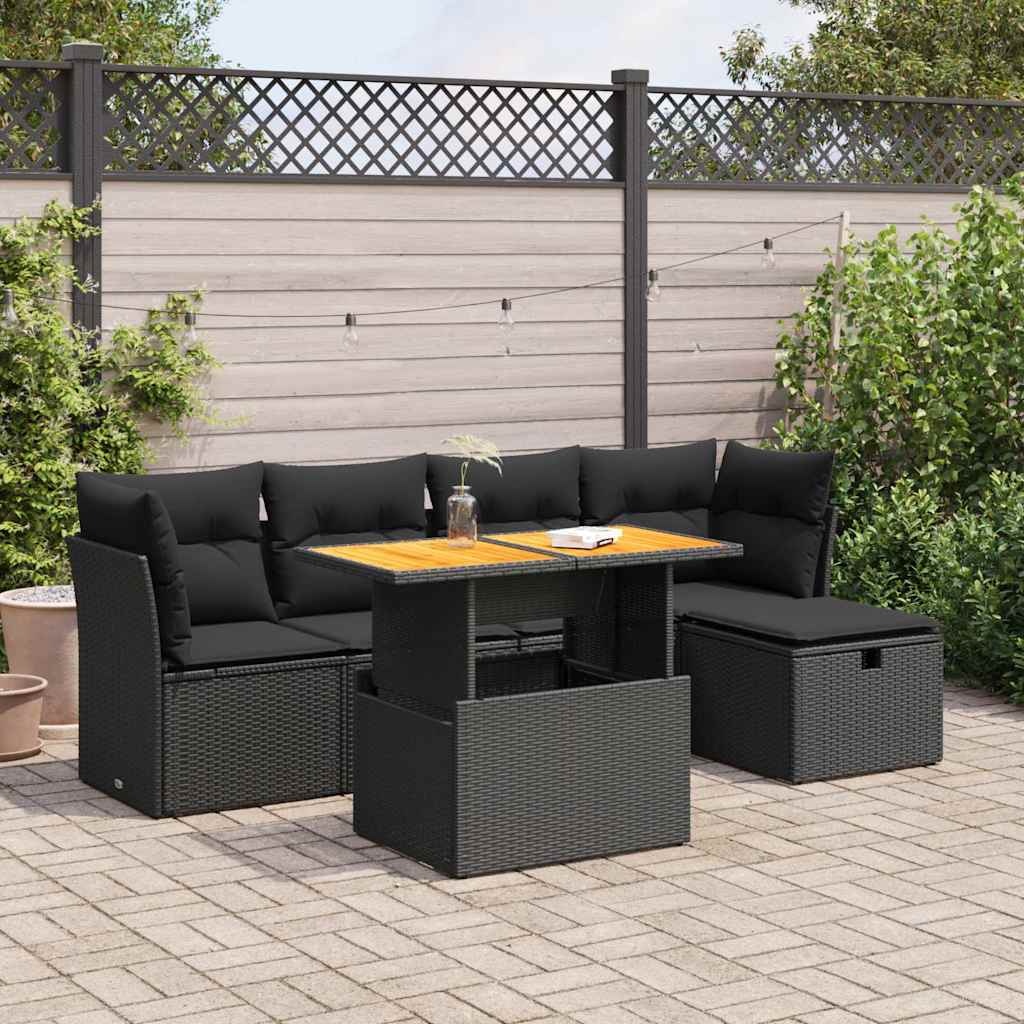 6-delige Loungeset met kussens poly rattan acacia zwart is nu te koop bij PeponiXL, paradijselijk wonen!