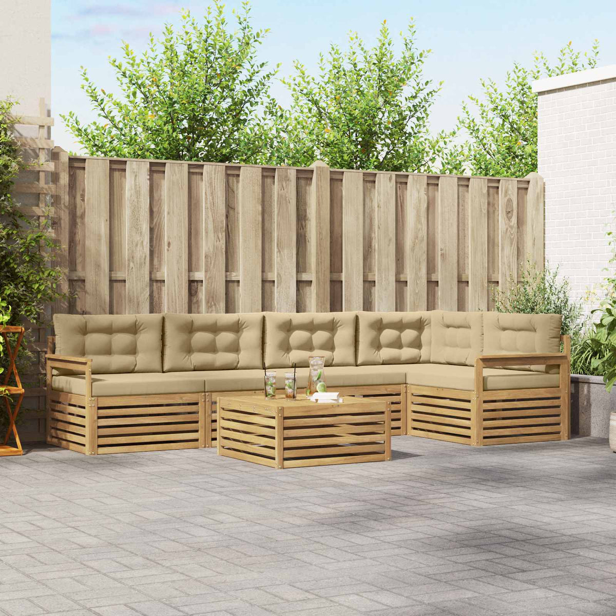 Buiten bankenset met kussen 6 pcs Wit en Beige Polyester is nu te koop bij PeponiXL, paradijselijk wonen!