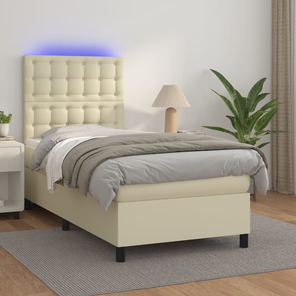 Boxspring met matras en LED kunstleer crèmekleurig 90x190 cm is nu te koop bij PeponiXL, paradijselijk wonen!