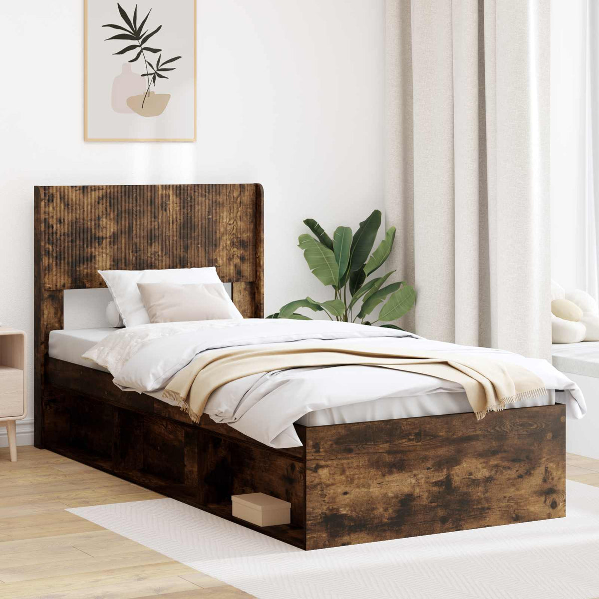 Bedframe met opbergruimte en hoofdbord Gerookt eiken is nu te koop bij PeponiXL, paradijselijk wonen!