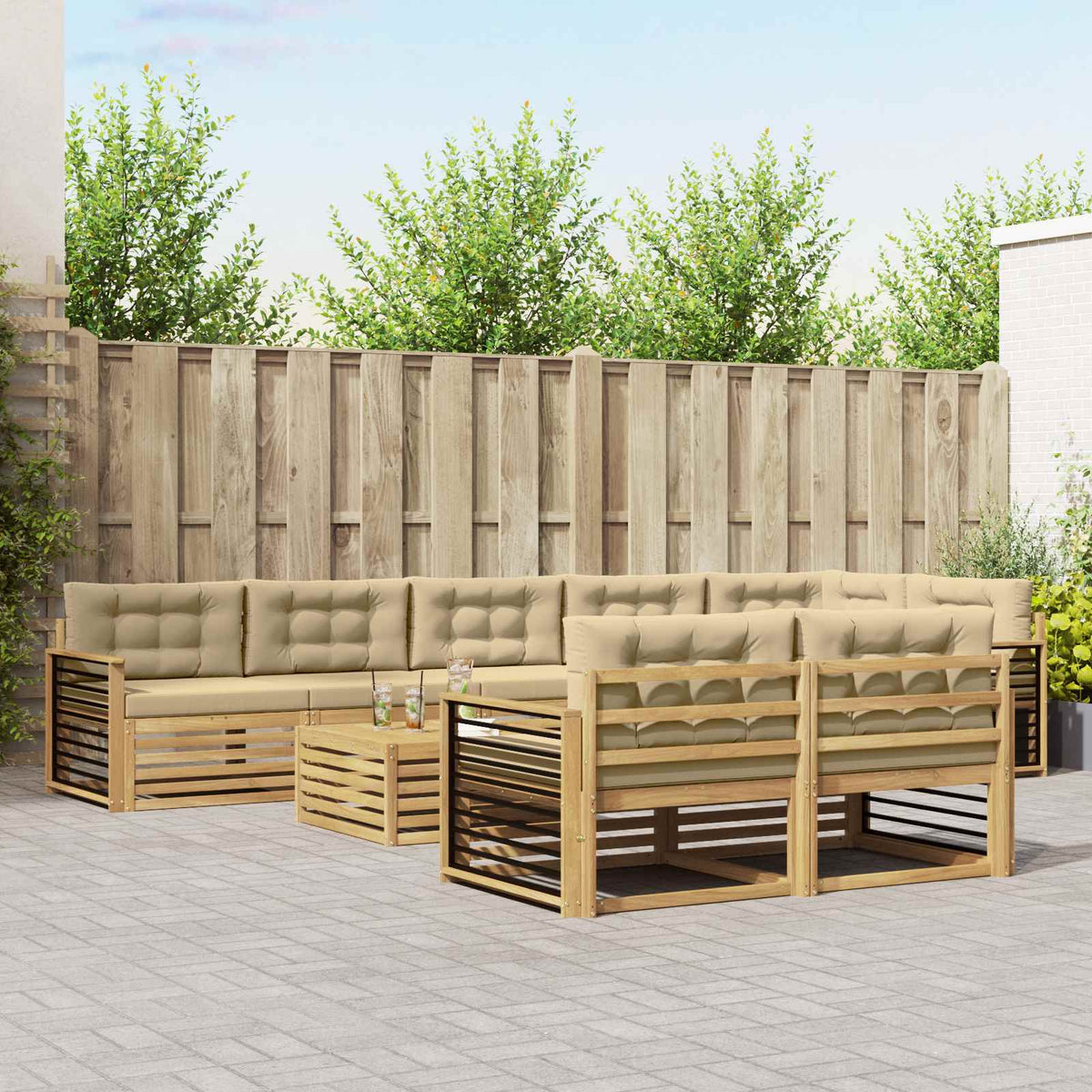 Buiten bankenset met kussen 9 pcs Wit en Beige Polyester is nu te koop bij PeponiXL, paradijselijk wonen!