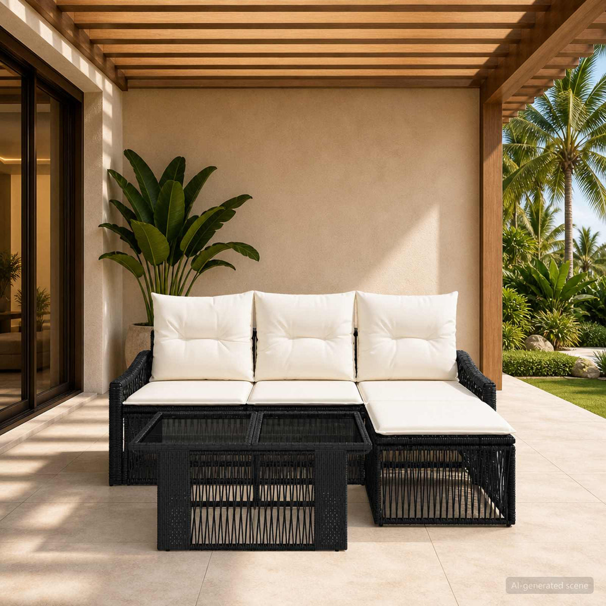 Tuinbankenset 5 st Zwart en Cream Wit poly rattan is nu te koop bij PeponiXL, paradijselijk wonen!