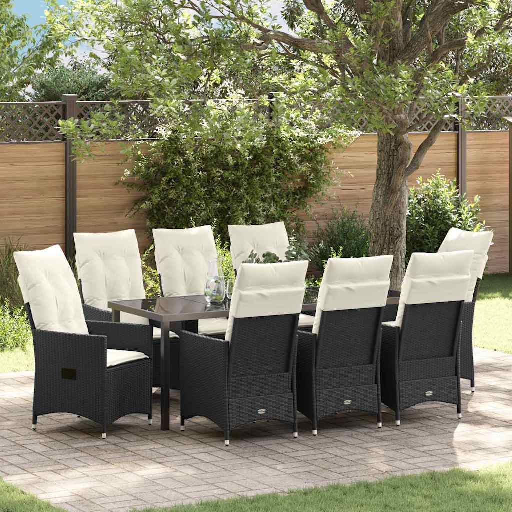 Tuin eettafelset met kussen 9 pcs Zwart poly rattan is nu te koop bij PeponiXL, paradijselijk wonen!