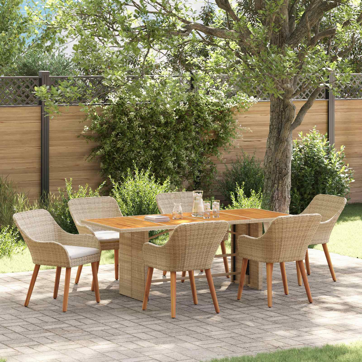 Tuin eettafelset met kussen 7 pcs Beige poly rattan is nu te koop bij PeponiXL, paradijselijk wonen!