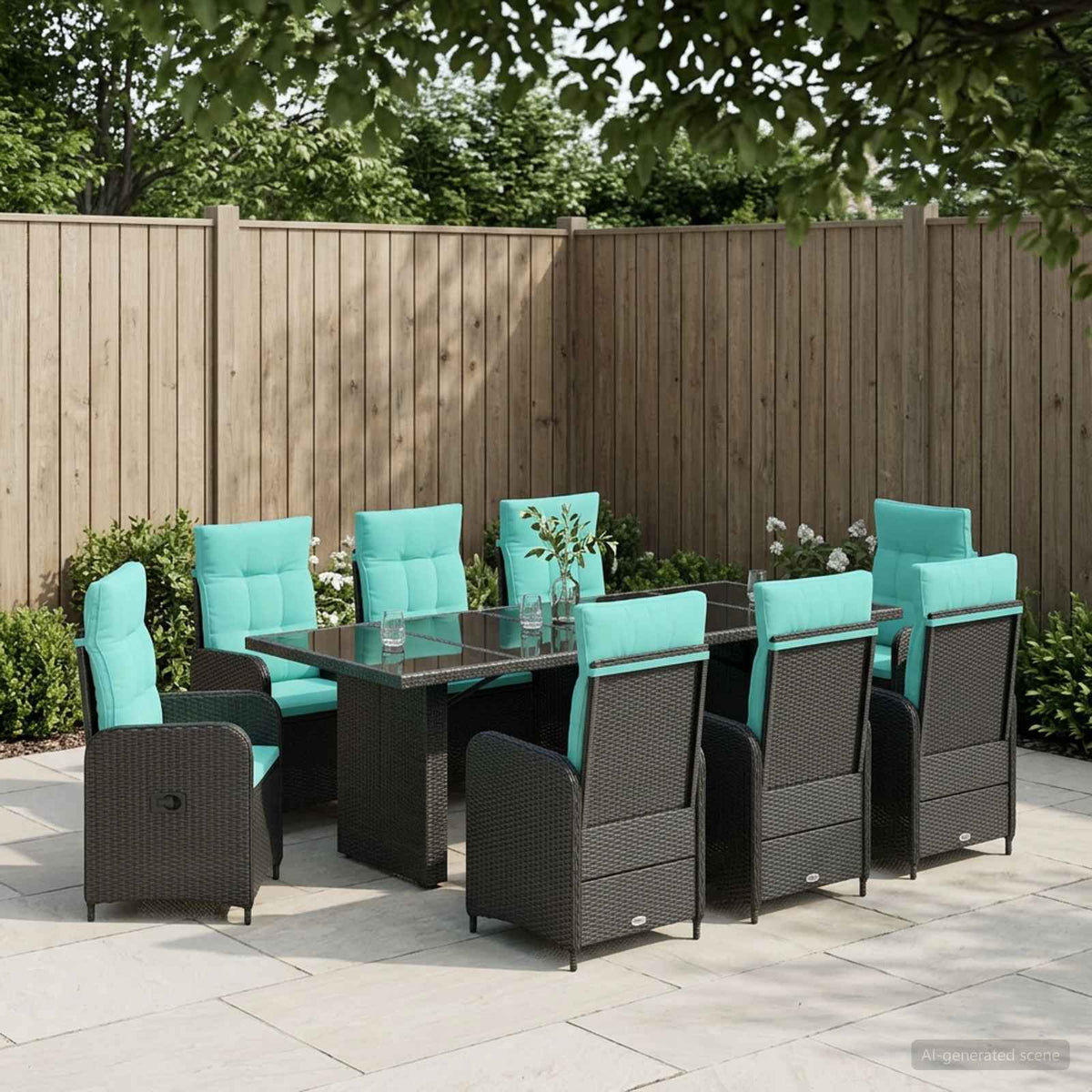 Buiten eettafelset 9 st Zwart en Turquoise poly rattan is nu te koop bij PeponiXL, paradijselijk wonen!