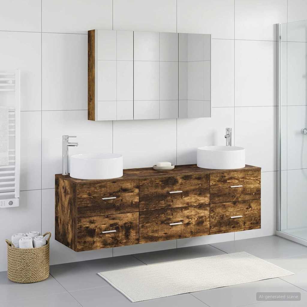 Badkamermeubelset 4 st Gerookt eiken Bewerkt hout en glas is nu te koop bij PeponiXL, paradijselijk wonen!