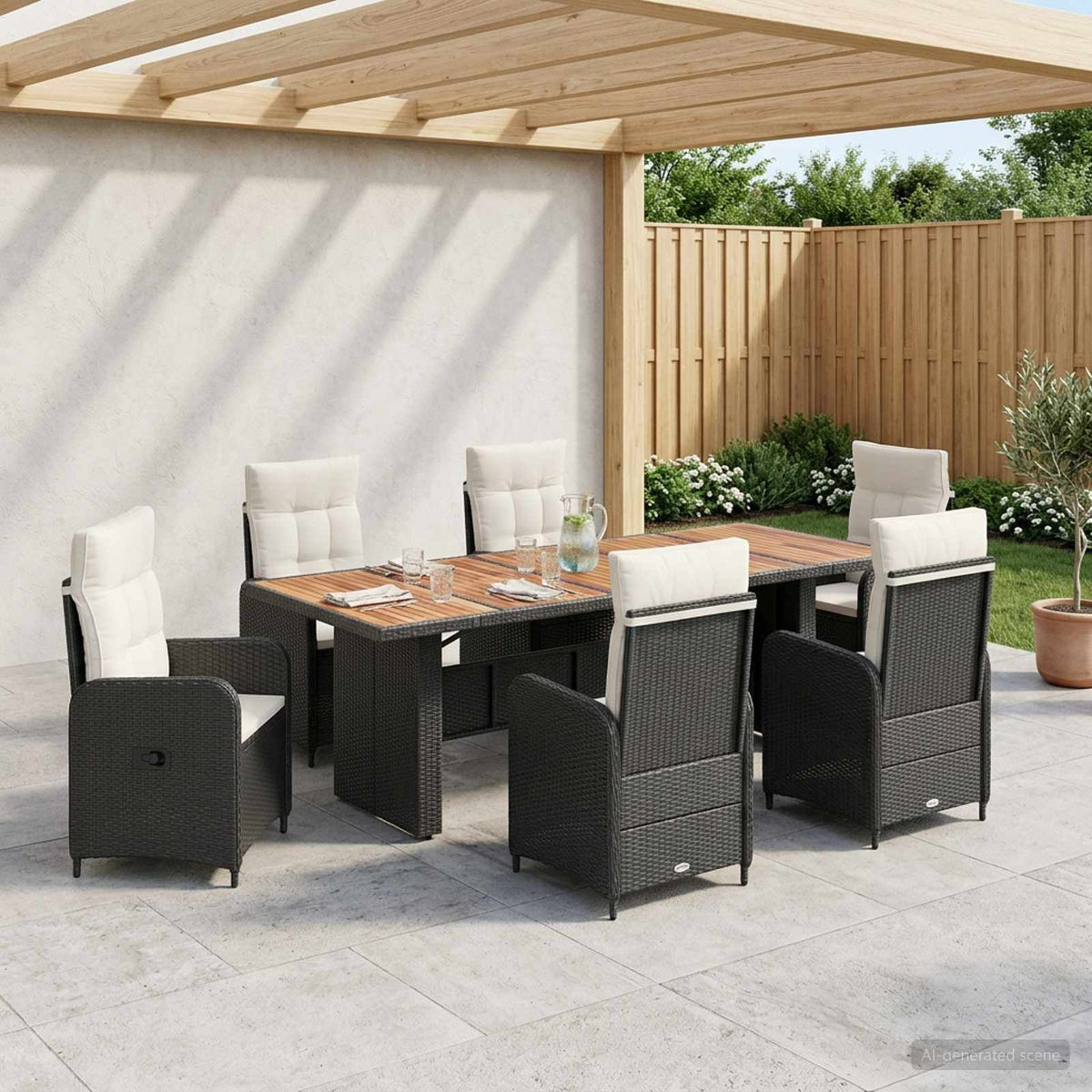 Buiten eettafelset 7 st Zwart en Cream Wit poly rattan is nu te koop bij PeponiXL, paradijselijk wonen!