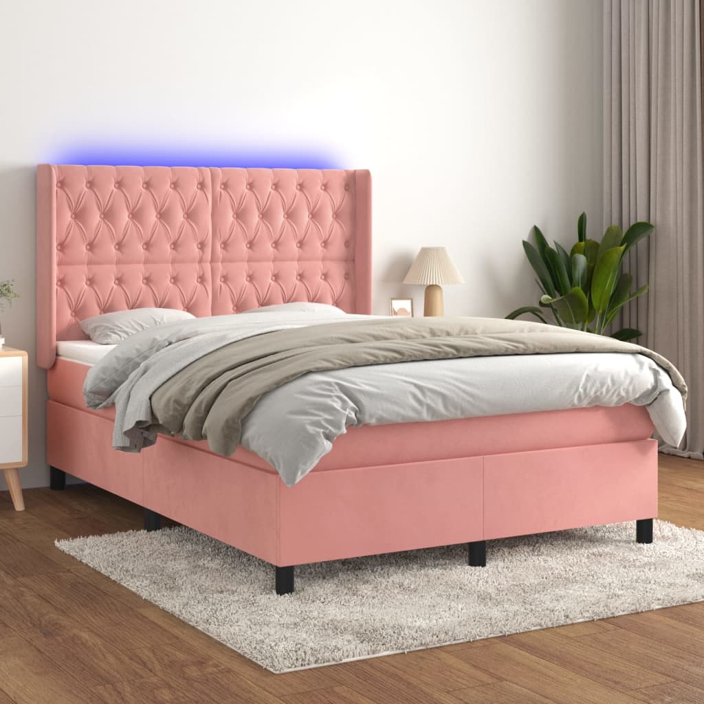 Boxspring met matras en LED fluweel roze 140x190 cm is nu te koop bij PeponiXL, paradijselijk wonen!