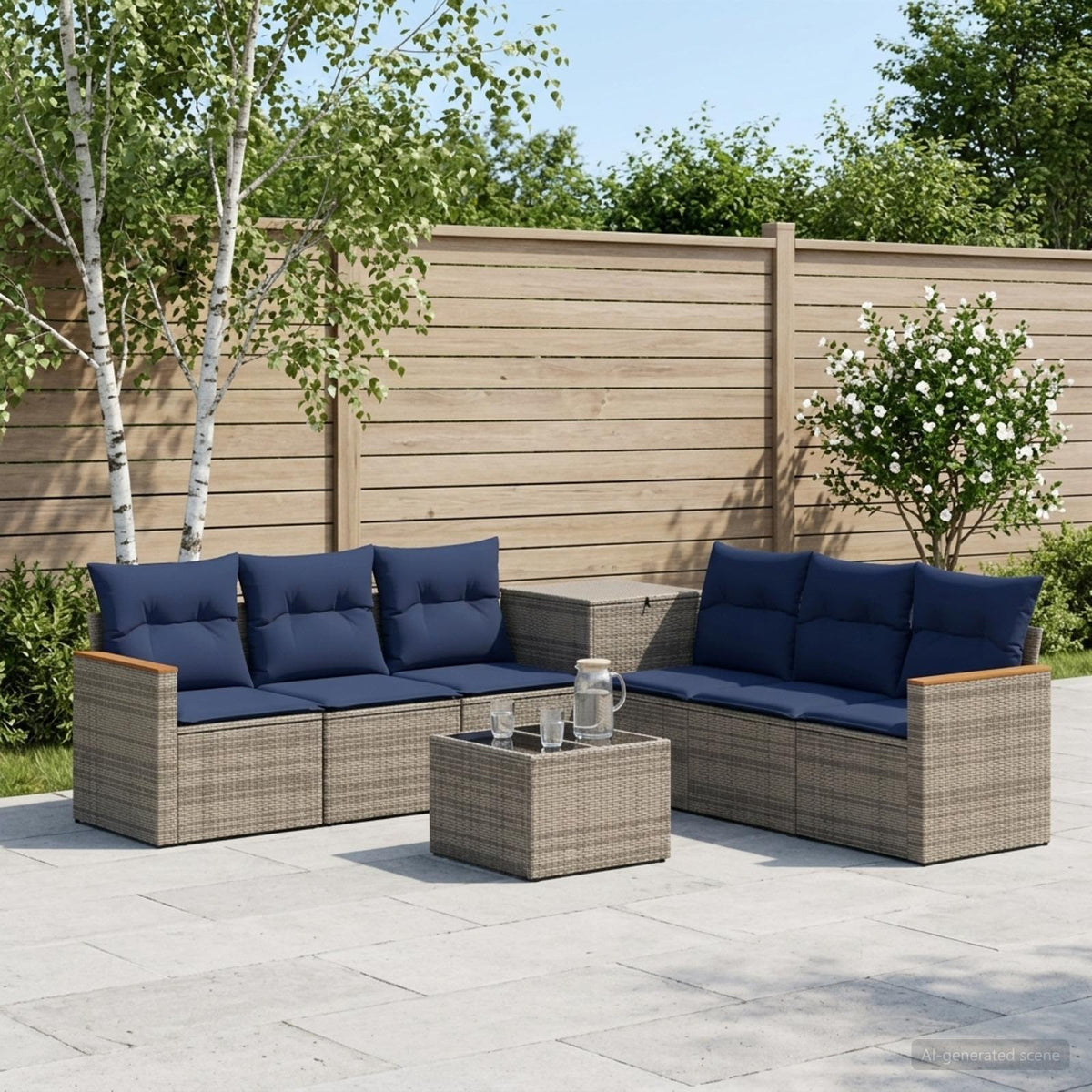 Bankstel 8 st Grijs en Marineblauw Poly Rattan en Staal is nu te koop bij PeponiXL, paradijselijk wonen!