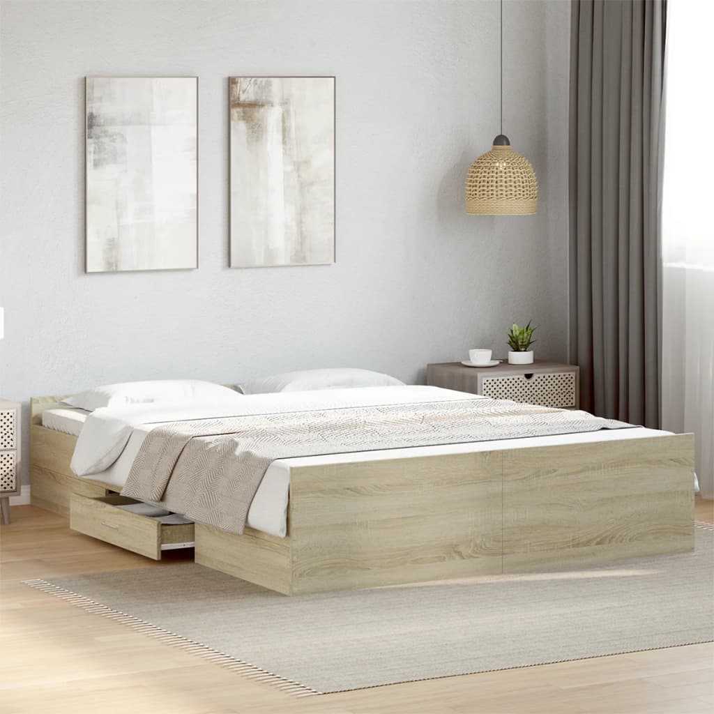 Bedframe met lades bewerkt hout sonoma eikenkleurig 140x200 cm is nu te koop bij PeponiXL, paradijselijk wonen!