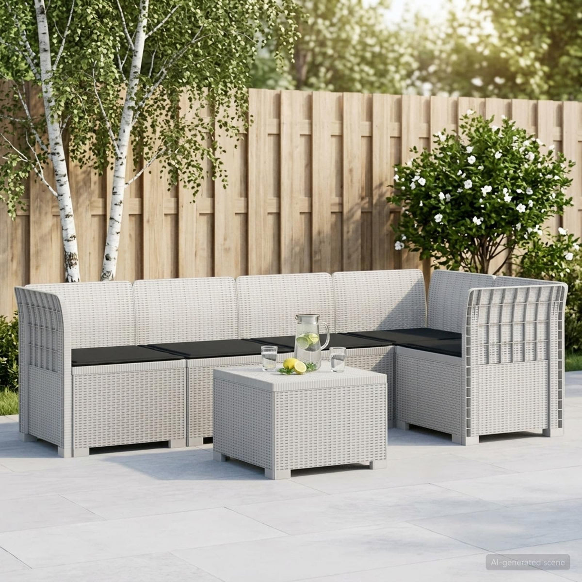 5-Zits Tuin Sofa met Kussens Rattan Look PP Wit is nu te koop bij PeponiXL, paradijselijk wonen!