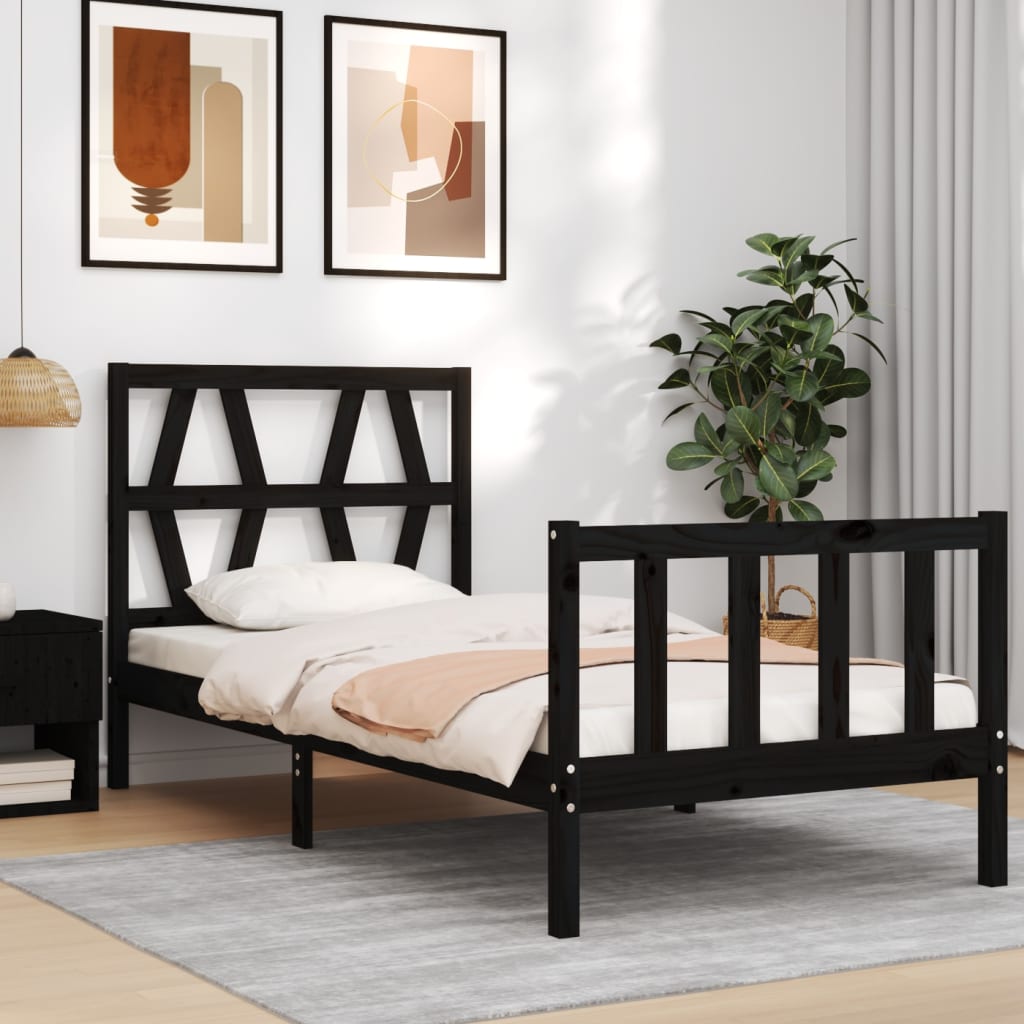 Bedframe met hoofdbord massief hout zwart is nu te koop bij PeponiXL, paradijselijk wonen!