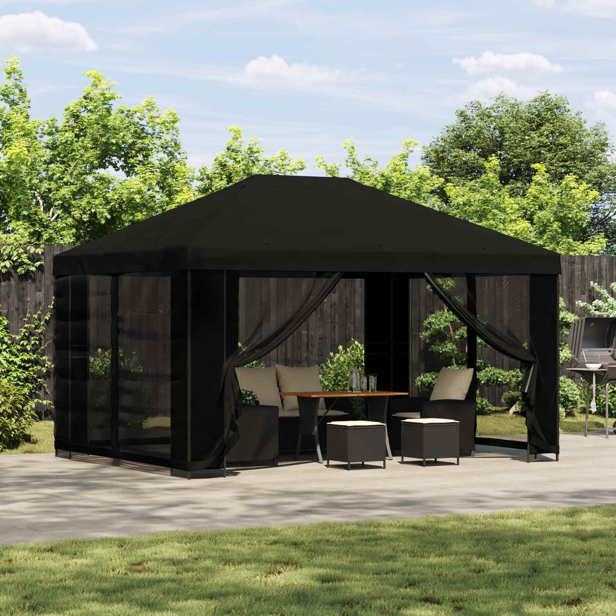 Paviljoen met zijwanden 4 × 3 m Zwart Polyester en staal is nu te koop bij PeponiXL, paradijselijk wonen!