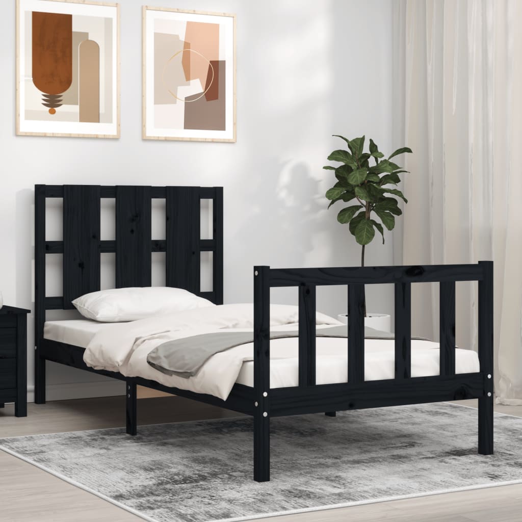Bedframe met hoofdbord massief hout zwart is nu te koop bij PeponiXL, paradijselijk wonen!