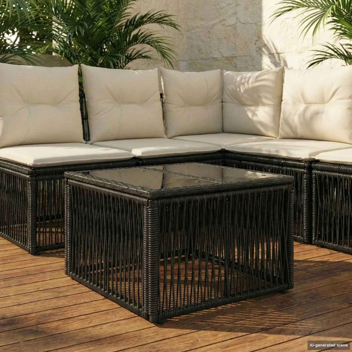 Tuintafel Zwart 55 x 55 x 37 cm PE Rattan en Glas is nu te koop bij PeponiXL, paradijselijk wonen!