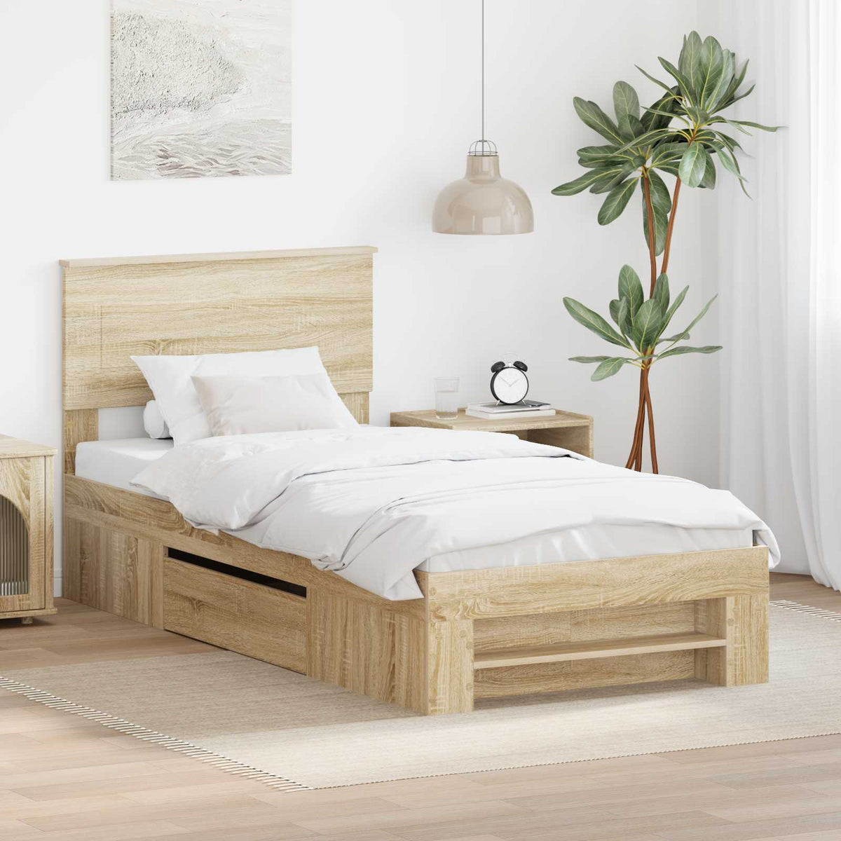 Bedframe met hoofdeinde Sonoma Eiken 90 x 200 cm Bewerkt hout is nu te koop bij PeponiXL, paradijselijk wonen!