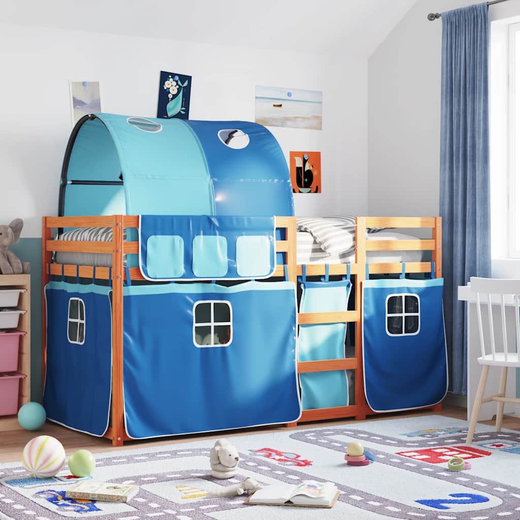 Stapelbed met gordijnen 80x200 cm massief grenenhout blauw is nu te koop bij PeponiXL, paradijselijk wonen!