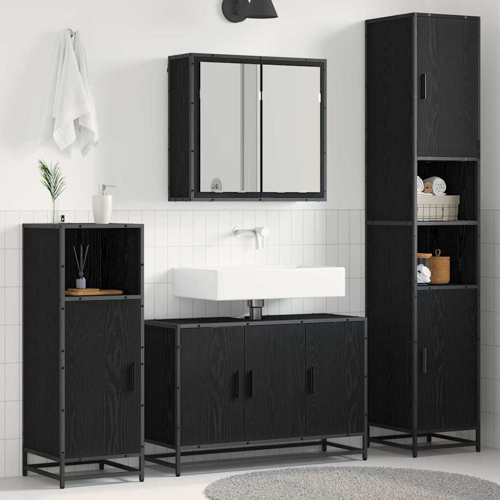 Badkamermeubelset met plank 4 pcs Zwart Eiken Bewerkt hout is nu te koop bij PeponiXL, paradijselijk wonen!