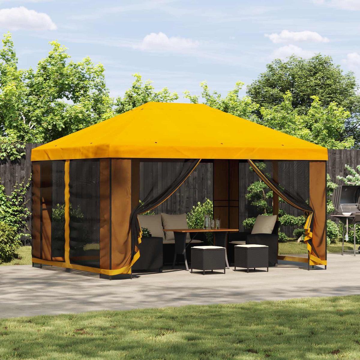 Tuin Gazebo met Zijwanden 4 × 3 m Geel Polyester en staal 190 is nu te koop bij PeponiXL, paradijselijk wonen!