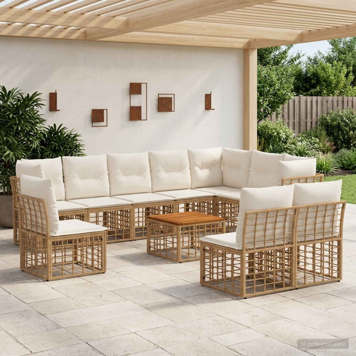 Buiten bankenset 11 pcs Natuurlijk en Crème Wit Polyester is nu te koop bij PeponiXL, paradijselijk wonen!