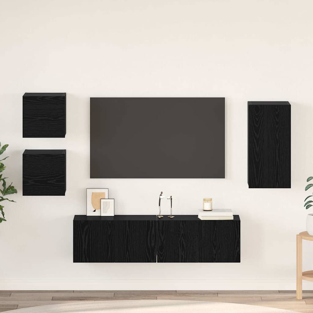 Tv-meubelset Wandgemonteerd 5 pcs Zwart Eiken Bewerkt hout is nu te koop bij PeponiXL, paradijselijk wonen!