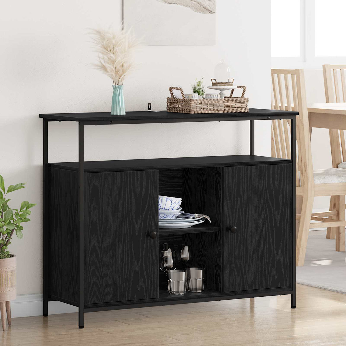 Dressoir Zwart Eiken 100 x 35 x 80 cm Bewerkt hout is nu te koop bij PeponiXL, paradijselijk wonen!