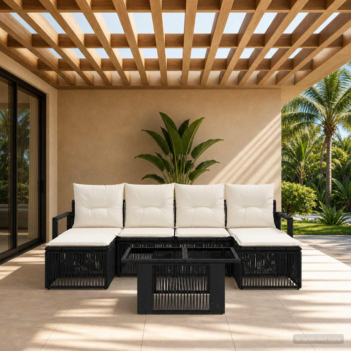Tuinbankenset 7 st Zwart en Cream Wit poly rattan is nu te koop bij PeponiXL, paradijselijk wonen!
