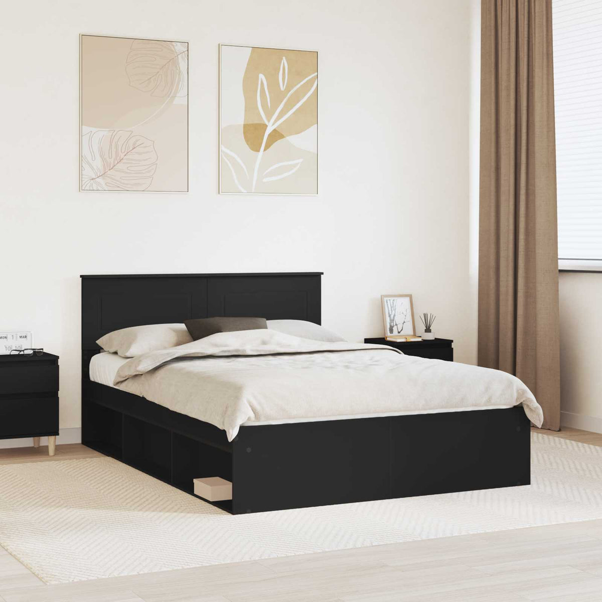 Bedframe met hoofdeinde Zwart 150 x 200 cm Bewerkt hout is nu te koop bij PeponiXL, paradijselijk wonen!
