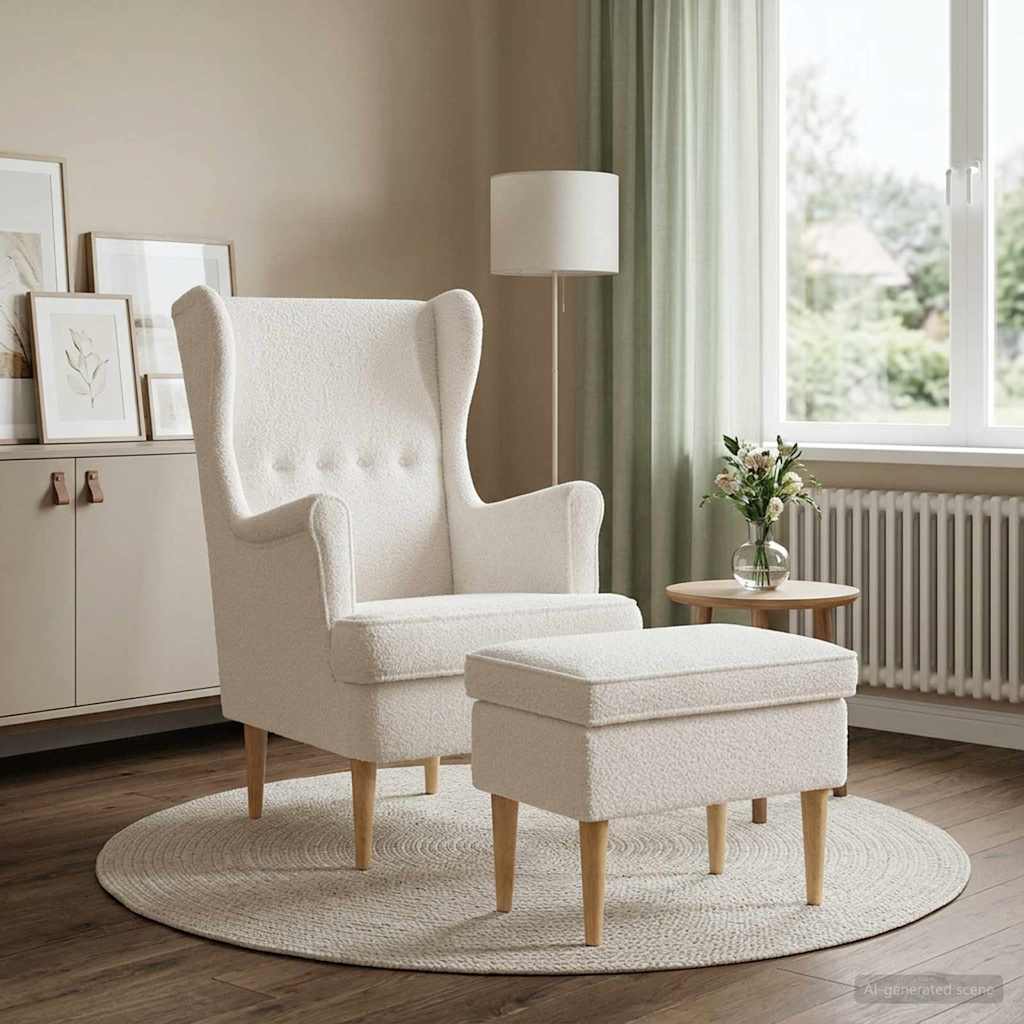 Fauteuil met Voetenbank 2 st Crèmekleurig Bouclé is nu te koop bij PeponiXL, paradijselijk wonen!