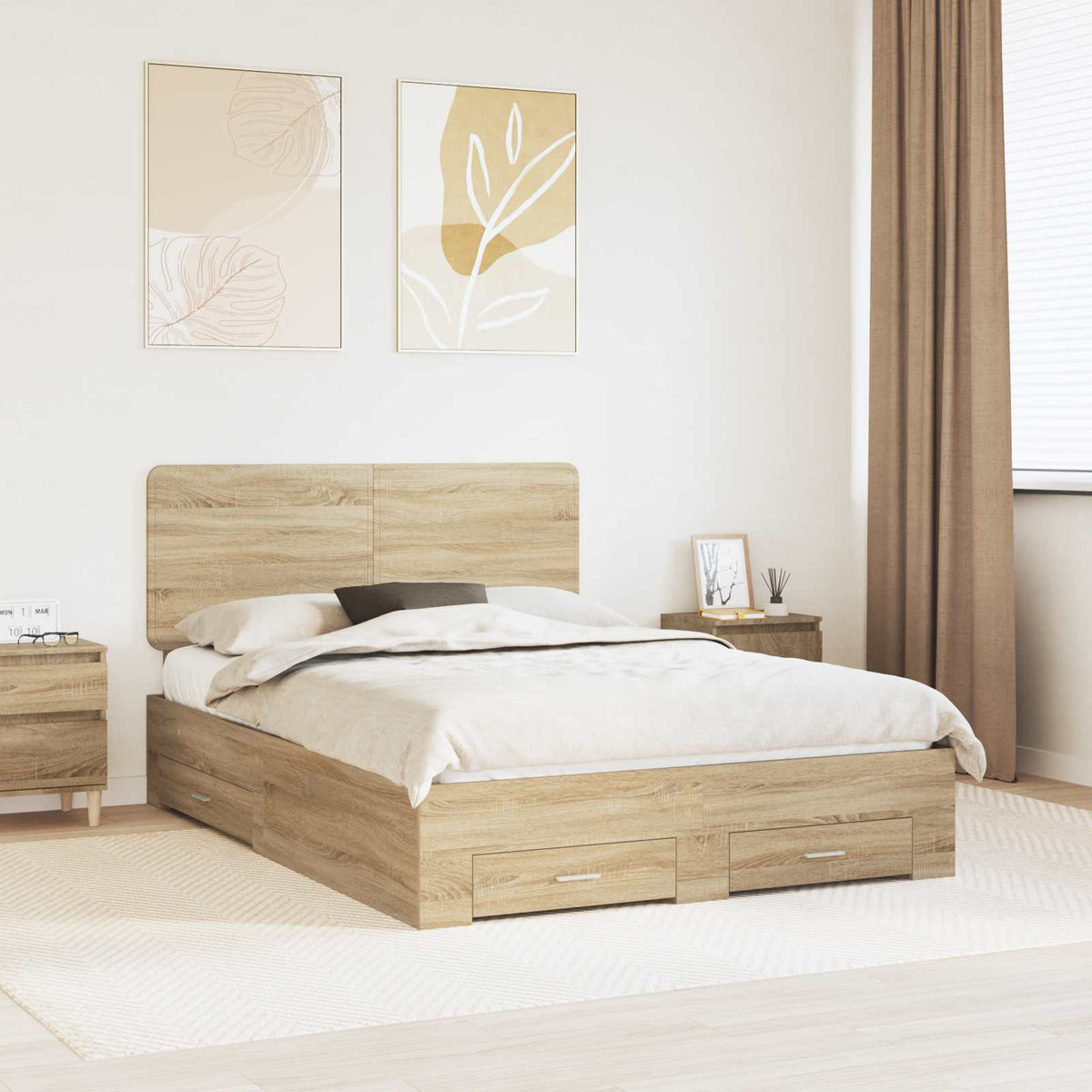 Bedframe met hoofdeinde Sonoma Eiken 150 x 200 cm Bewerkt hout is nu te koop bij PeponiXL, paradijselijk wonen!