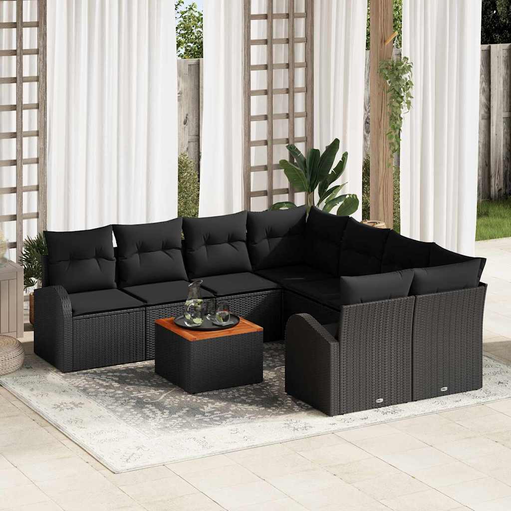 Tuinbankenset met kussen 9 pcs Zwart poly rattan is nu te koop bij PeponiXL, paradijselijk wonen!