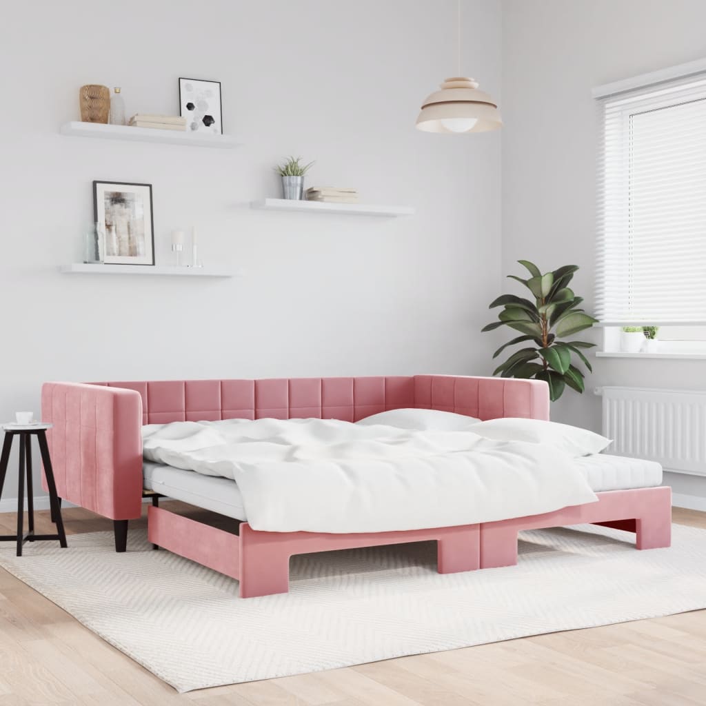 Slaapbank onderschuifbed en matrassen 100x200 cm fluweel roze is nu te koop bij PeponiXL, paradijselijk wonen!
