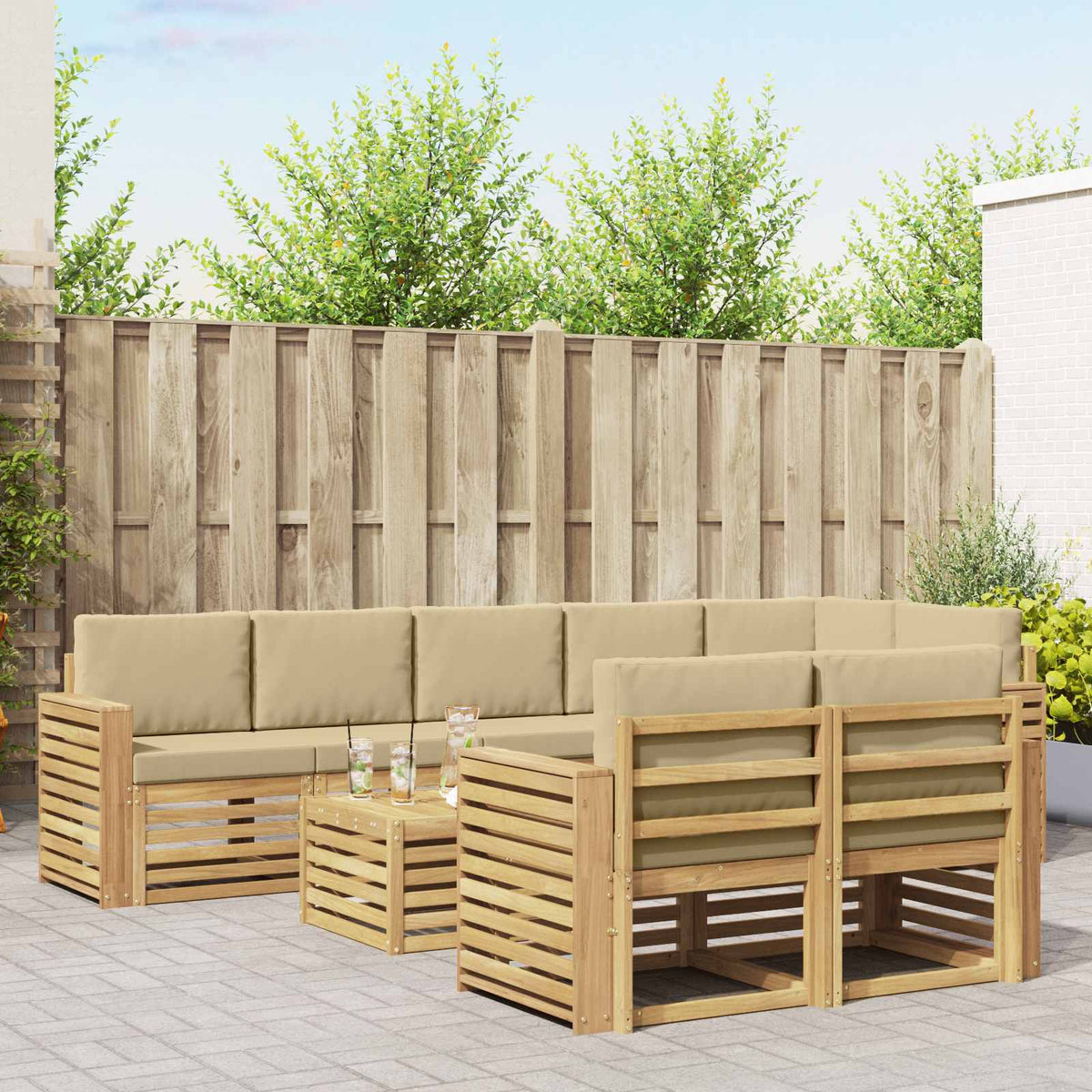 Buiten bankenset 9 pcs Wit en Beige 59 x 59 x 37 cm Polyester is nu te koop bij PeponiXL, paradijselijk wonen!