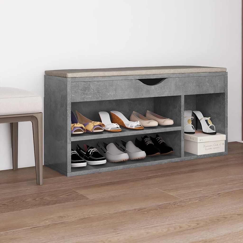 Schoenenbank met kussen 104x30x49 cm bewerkt hout betongrijs is nu te koop bij PeponiXL, paradijselijk wonen!