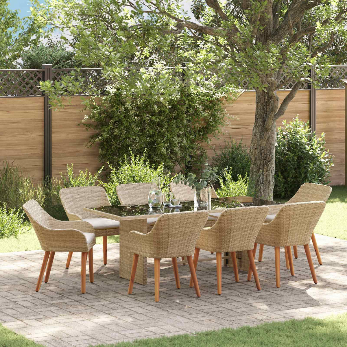 Tuin eettafelset met kussen 9 pcs Beige poly rattan is nu te koop bij PeponiXL, paradijselijk wonen!