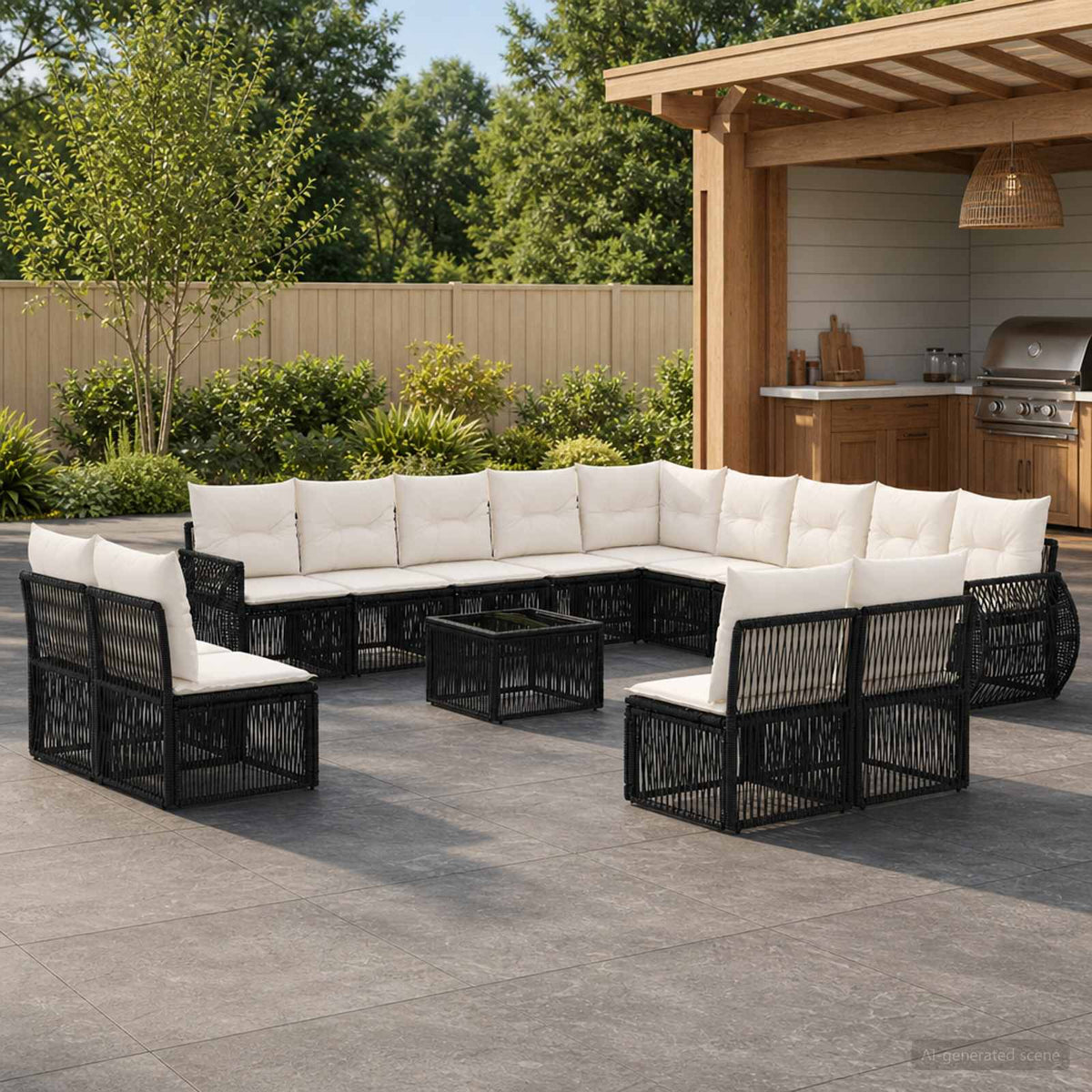 Tuinbankenset 14 pcs Zwart en Cream Wit poly rattan is nu te koop bij PeponiXL, paradijselijk wonen!