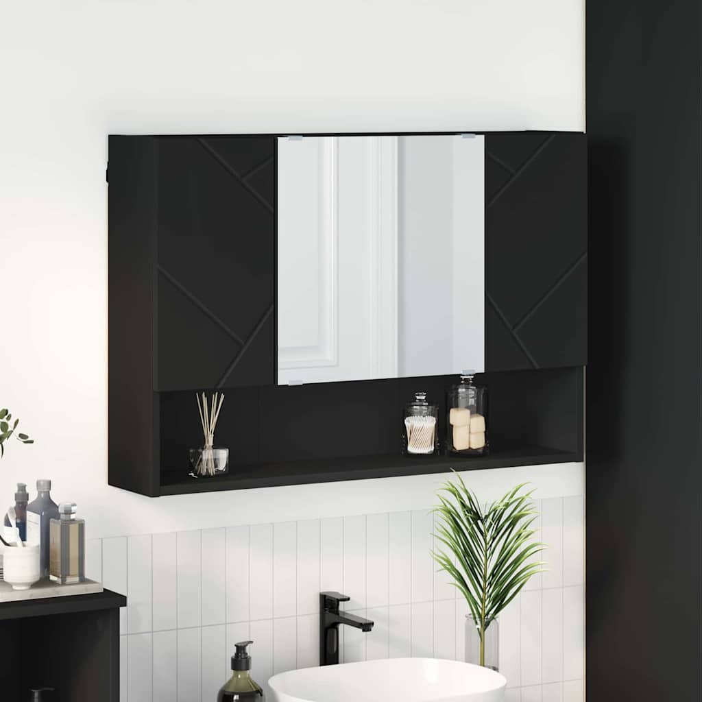 Spiegelkast Wandgemonteerd Zwart 80 x 17 x 55 cm Bewerkt hout is nu te koop bij PeponiXL, paradijselijk wonen!