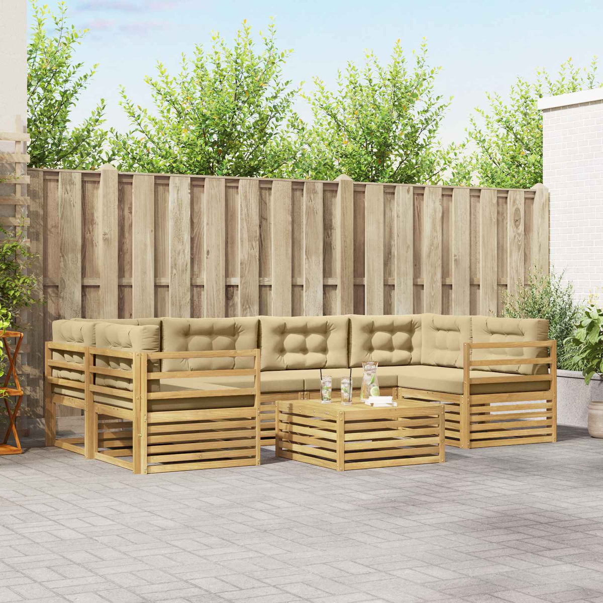 Buiten bankenset met kussen 7 pcs Wit en Beige Polyester is nu te koop bij PeponiXL, paradijselijk wonen!