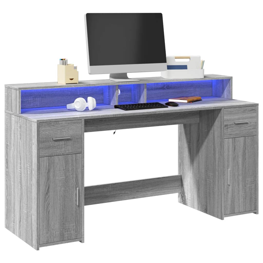 Bureau met LED-verlichting 160x55x91 cm hout grijs sonoma eiken is nu te koop bij PeponiXL, paradijselijk wonen!