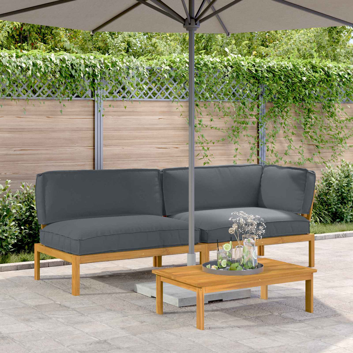 Bankstel met kussen Effen 3 pcs Antraciet Massief Acaciahout is nu te koop bij PeponiXL, paradijselijk wonen!