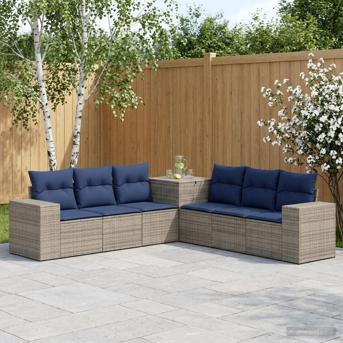 Bankstel 7 pcs Grijs en Marineblauw Poly Rattan en Staal is nu te koop bij PeponiXL, paradijselijk wonen!
