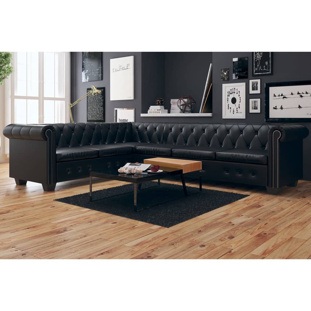 Chesterfield hoekbank 6-zits kunstleer zwart is nu te koop bij PeponiXL, paradijselijk wonen!