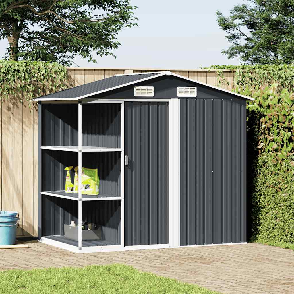 Tuinschuur met rek 205x130x183 cm ijzer antraciet is nu te koop bij PeponiXL, paradijselijk wonen!