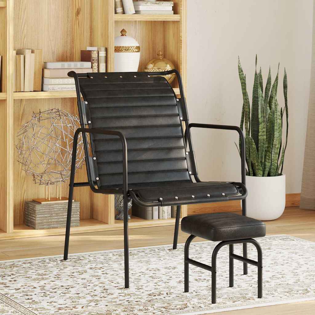 Relaxfauteuil met voetenbankje echt leer zwart is nu te koop bij PeponiXL, paradijselijk wonen!