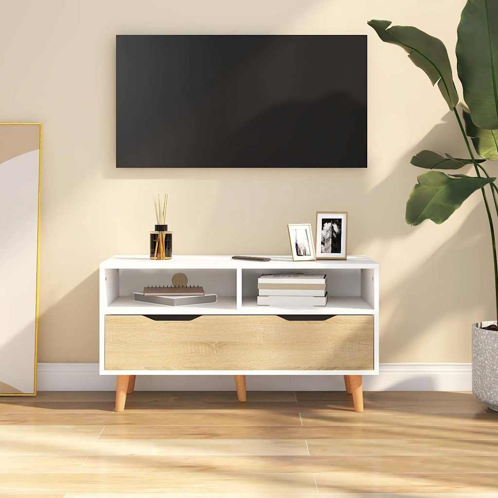 Tv-meubel 90x40x48,5 cm bewerkt hout wit sonoma eikenkleurig is nu te koop bij PeponiXL, paradijselijk wonen!