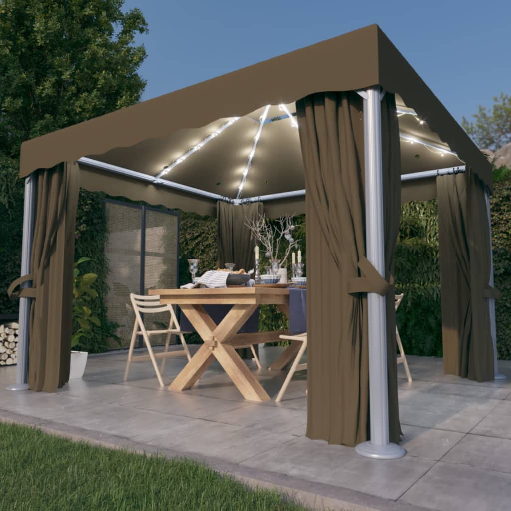Prieel met gordijn en LED-lichtslinger 3x3 m taupe is nu te koop bij PeponiXL, paradijselijk wonen!