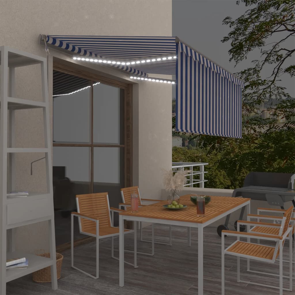 Luifel met rolgordijn, LED en windsensor 3,5x2,5 m blauw en wit is nu te koop bij PeponiXL, paradijselijk wonen!
